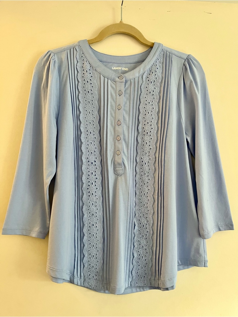 Lands' End Light Blue Lace-Trim Long Sleeve Peasant Top NWT